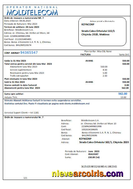 Moldtelecom utility business bill